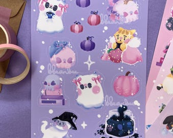 Cosy Pink Halloween Sticker Sheet | A6 Handmade Matte and Glossy Vinyl Sticker Sheet for Journal, Planner & Scrapbook, Kawaii Skulls