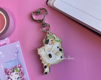 Kawaii Bucket The Calico Cat With Frog Bucket Hat Wooden Keyring Lobster Clasp | Cute Kawaii Cat Accessory, Pink Fashion, Eco Keyring