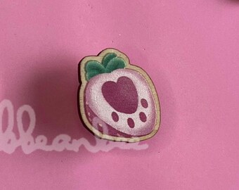 Pawberry Strawberry Wooden Mini Pin Badge | Cute Kawaii Cat Accessory, Pink Fashion Pin, Strawberry Gift, Cottagecore Pin, Cat Paw
