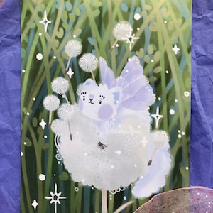 May include: A purple fairy-like creature with wings sits on a large white dandelion with a green stem. The dandelion is surrounded by smaller white dandelions and green grass. There are white stars scattered throughout the image.