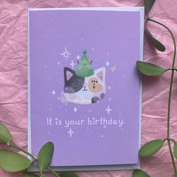 It Is Your Birthday Funny Cat Birthday Card | Handmade Funny Calico Cat Card with Frog Party Hat, Grumpy Birthday, Cat Birthday Card