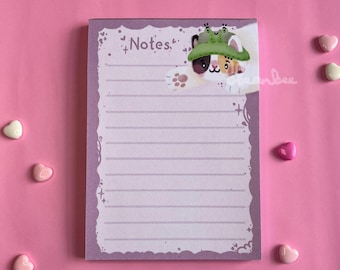 Dreamy Pink Clouds and Calico Cat A6 Lined Notepad | Kawaii Stationery for Notetaking and Cute Desk Décor, Creative Jotting, 50 Pages