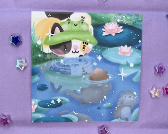 Magical Water Lily Pond Cat and Otters Mini Wall Art Print | | Handmade 4x4" Square Illustrated Art Print, Animal Postcard, Whimsical