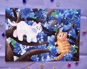 Dreamy Wisteria Cats in Love Wall Art Print | Handmade A5 and A4 Illustrated Art Print for Gifts, Magical Kawaii Cat, Purple Aesthetic