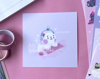 On Puter Pink Gaming Cat Meme Mini Wall Art Print | Handmade 4x4" Square Illustrated Art Print, Animal Postcard, Cosy PC Gaming Décor