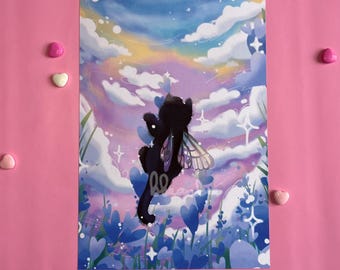 Dreamy Lavender Flower Fairy Cat Wall Art Print | Handmade A5 and A4 Illustrated Art Print, Magic Black Cat, Purple Aesthetic Decor