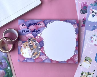 Cosy Pink and Purple Gentle Reminder Cat A6 Notepad | Kawaii Stationery for Notetaking and Cute Desk Décor, Creative Jotting, 50 Pages