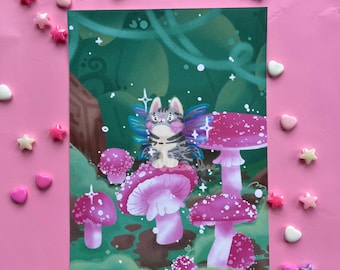 Magical Pink Mushroom Flower Fairy Cat Wall Art Print | Handmade A5 and A4 Illustrated Art Print, Rainbow Tabby Cat, Goblincore Decor