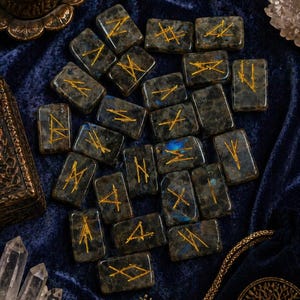 Labradorite Rune Set, Elder Futhark Rune Stones, 25 Piece Viking Rune Kit, Natural Crystal Runes, Spiritual Altar Decor, Pagan Gift