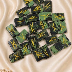 Kambaba Jasper Rune Set – 25 Piece Elder Futhark Engraved Rune Stones, Crystal Divination Kit, Meditation Gift, Spiritual Decor