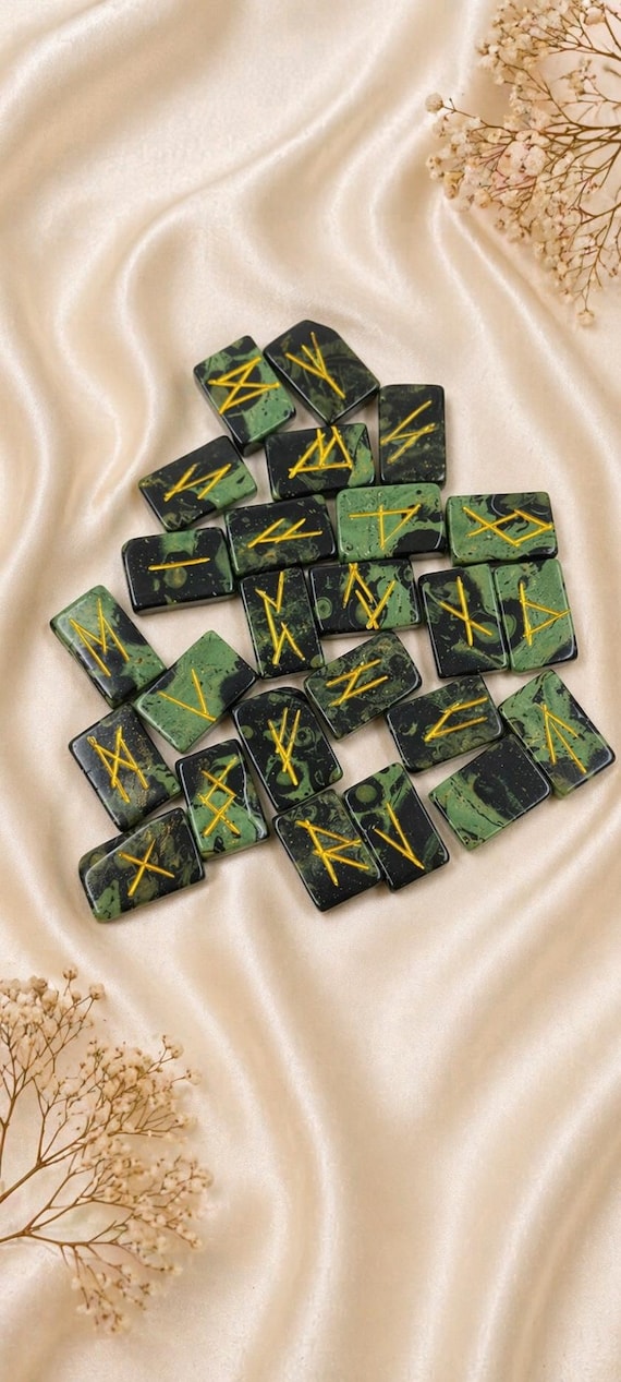Kambaba Jasper Rune Set, 25 Elder Futhark Engraved Rune Stones, Crystal Divination & Tarot Tools, Meditation Healing Crystals
