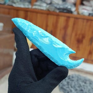 Turquoise Glass Arrowhead: 6&quot; Crescent Spearhead, Healing Crystal