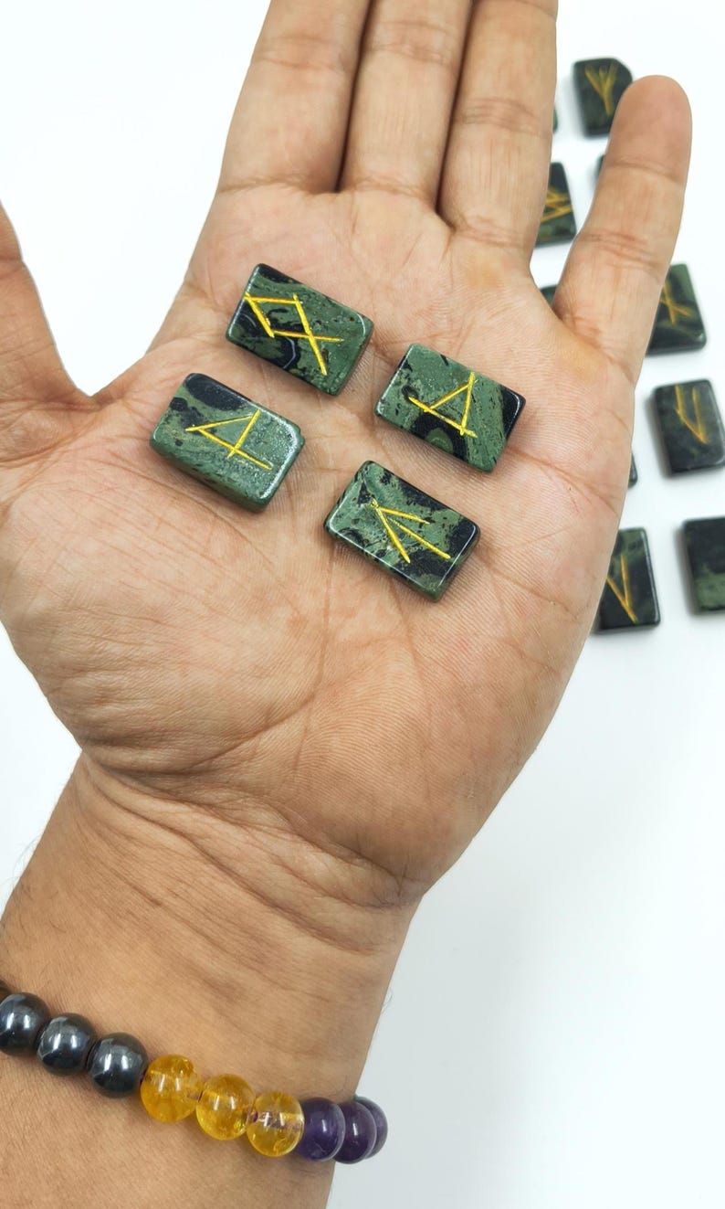 Kambaba Jasper Rune Set – 25 Piece Elder Futhark Engraved Rune Stones, Crystal Divination Kit, Meditation Gift, Spiritual Decor