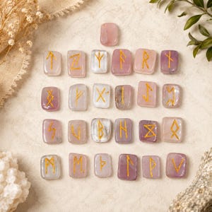 May include: A collection of twenty-five rectangular polished stones in shades of pink, purple, and clear white. Each stone features a unique gold-colored engraved rune symbol on its front surface, arranged in a grid pattern on a light background.
