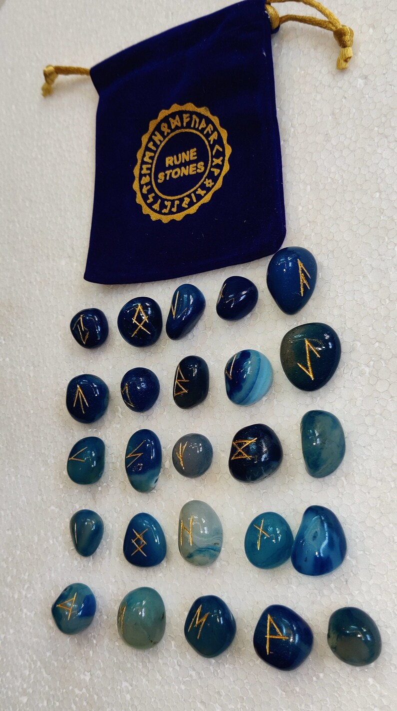 Blue Onyx Rune Set: 25pc Engraved Elder Futhark Stones for Divination ...
