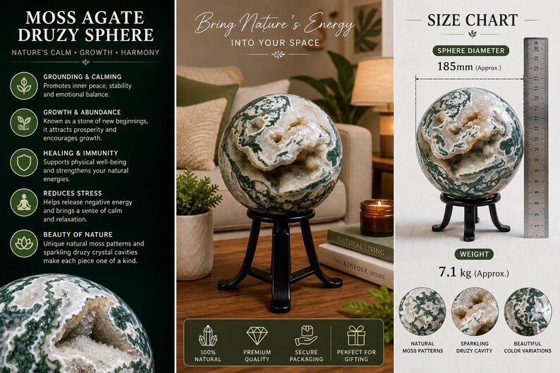 May include: A moss agate druzy sphere, approximately 7.3 inches in diameter, displayed on a black stand. The sphere features natural moss patterns and sparkling druzy crystal cavities. The image includes text about the sphere's properties.