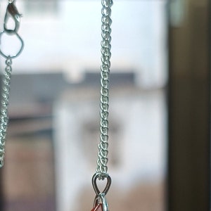 May include: A silver chain necklace with a red crystal point pendant. The pendant is a long, thin, pointed crystal with a silver setting.