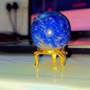 Sodalite Sphere with Gold Stand: 40mm Polished Stone + Tumbles