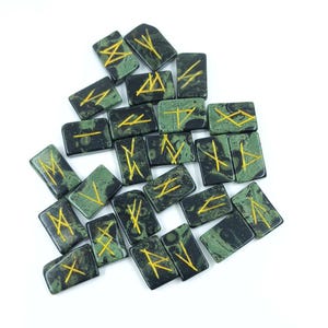 Kambaba Jasper Rune Set – 25 Piece Elder Futhark Engraved Rune Stones, Crystal Divination Kit, Meditation Gift, Spiritual Decor