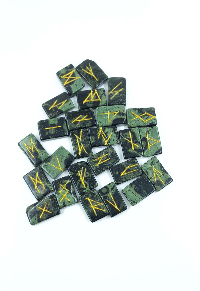 Kambaba Jasper Rune Set – 25 Piece Elder Futhark Engraved Rune Stones, Crystal Divination Kit, Meditation Gift, Spiritual Decor