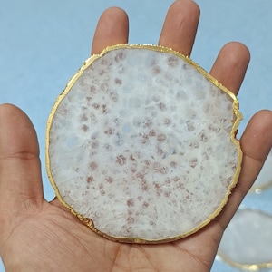 White Agate Coaster set, moonstone white and gold plated Handmade Agate White Coasters, large size 3 to 4 inch- Great Mother’s Day gift.