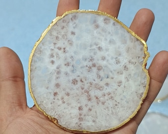 White Agate Coaster with Gold Edge, Natural Crystal Drink Coaster, Handmade Boho Home Decor, Stone Coaster Gift