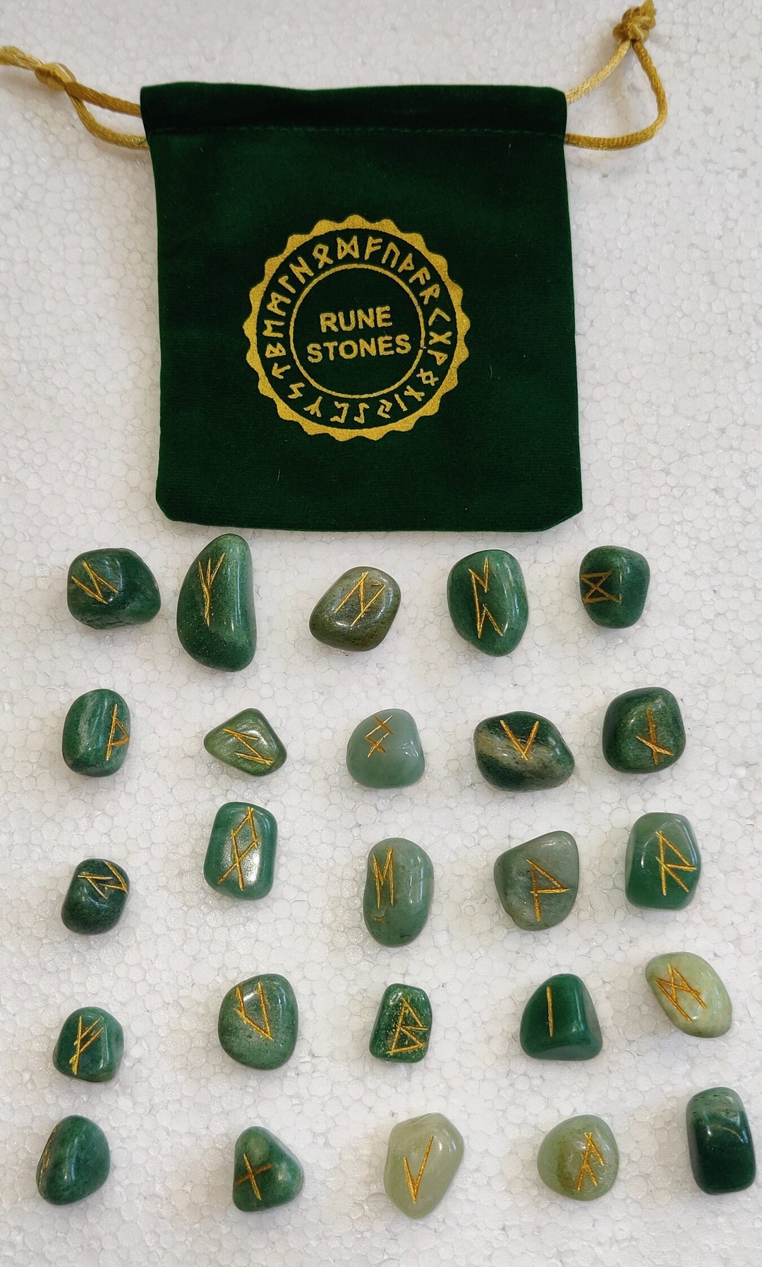 Green Aventurine Rune Stone Set Natural Green Aventurine With Velvet ...