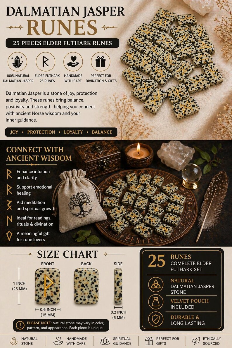 Dalmatian Jasper Rune Set, Elder Futhark Rune Stones, 25 Piece Viking ...