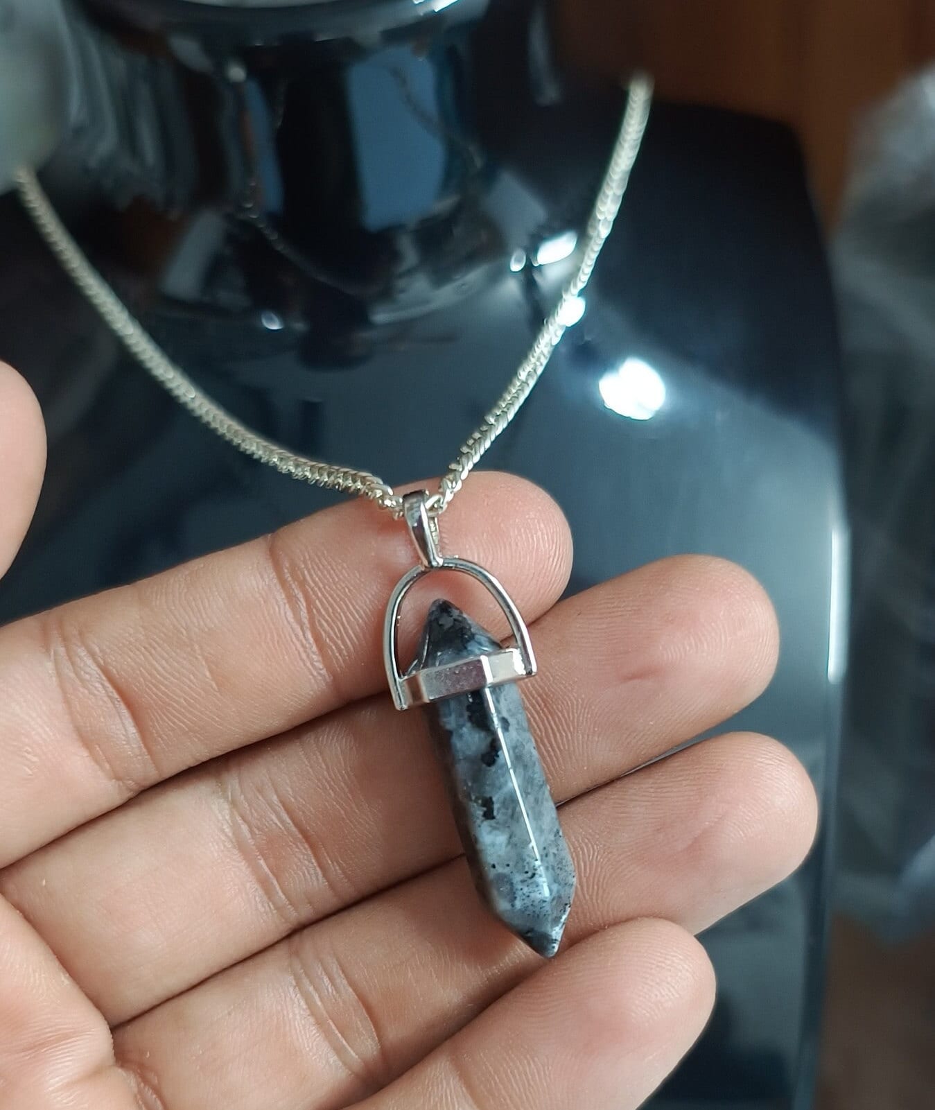 Natural Larvikite Point Pendant, Black Moonstone Necklace, 24