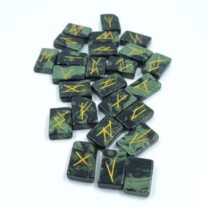 Kambaba Jasper Rune Set – 25 Piece Elder Futhark Engraved Rune Stones, Crystal Divination Kit, Meditation Gift, Spiritual Decor
