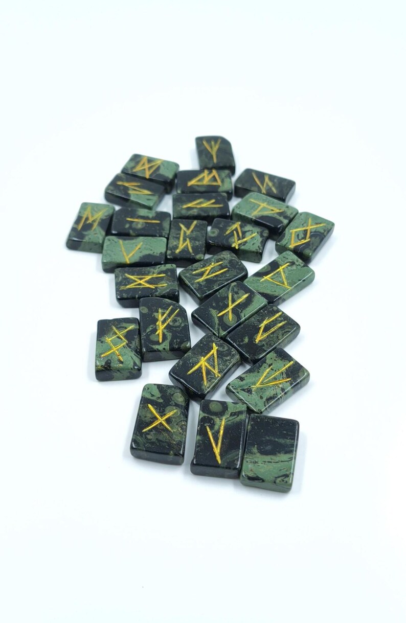 Kambaba Jasper Rune Set – 25 Piece Elder Futhark Engraved Rune Stones, Crystal Divination Kit, Meditation Gift, Spiritual Decor