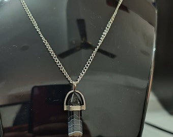 Sulemani Agate Pencil Pendant Necklace: Black Stone, Silver Chain