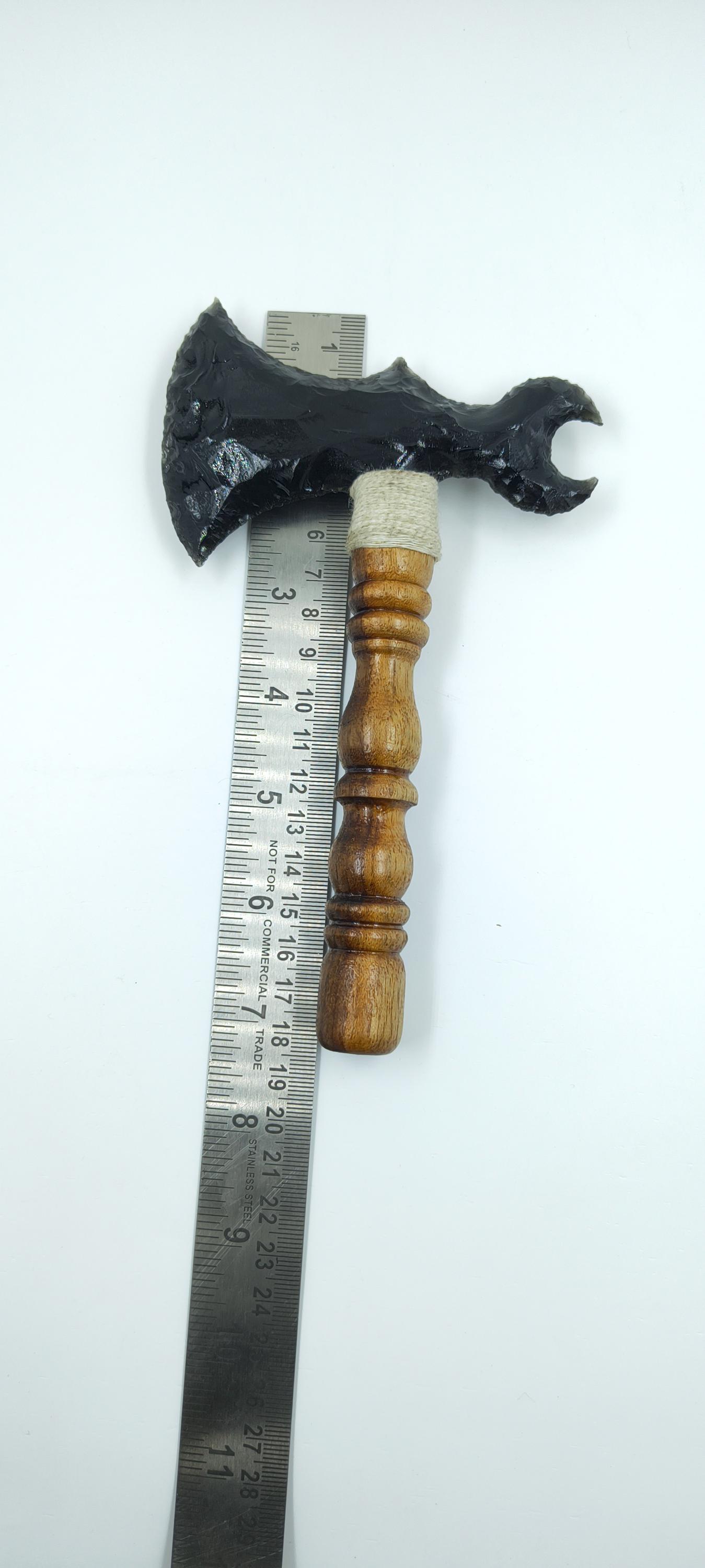 Black Obsidian Ritual Axe | Hand Knapped Stone Axe With Wooden