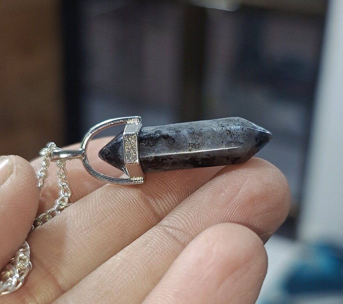Natural Larvikite Point Pendant, Black Moonstone Necklace, 24