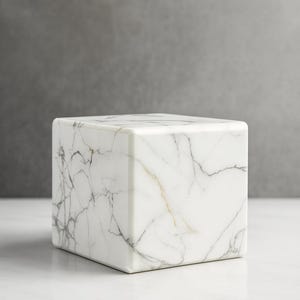 Könnte beinhalten: Ein weißer Marmorwürfel mit grauer und goldener Maserung. Das quadratische Objekt hat abgerundete Kanten und steht auf einer weißen Oberfläche. Der Hintergrund ist einfarbig grau.