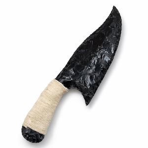 手彫り黒曜石ナイフ、10インチの原始的な石刃、巻き柄、部族の収集品ツール