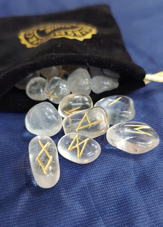 Clear Quartz Rune Stone Set 25pc Engraved Elder Futhark Alphabet