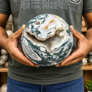 Large Moss Agate Sphere 185mm, Natural Druzy Crystal Ball, Unique Stone Decor, Heavy Crystal Sphere 7.1kg
Moss Agate Druzy Crystal Sphere, 7.1kg Large Stone Ball, Natural Green Agate Decor, Collector Crystal
Natural Moss Agate Sphere with Druzy, 185mm Crystal Ball, Statement Home Decor, Unique Gift Stone