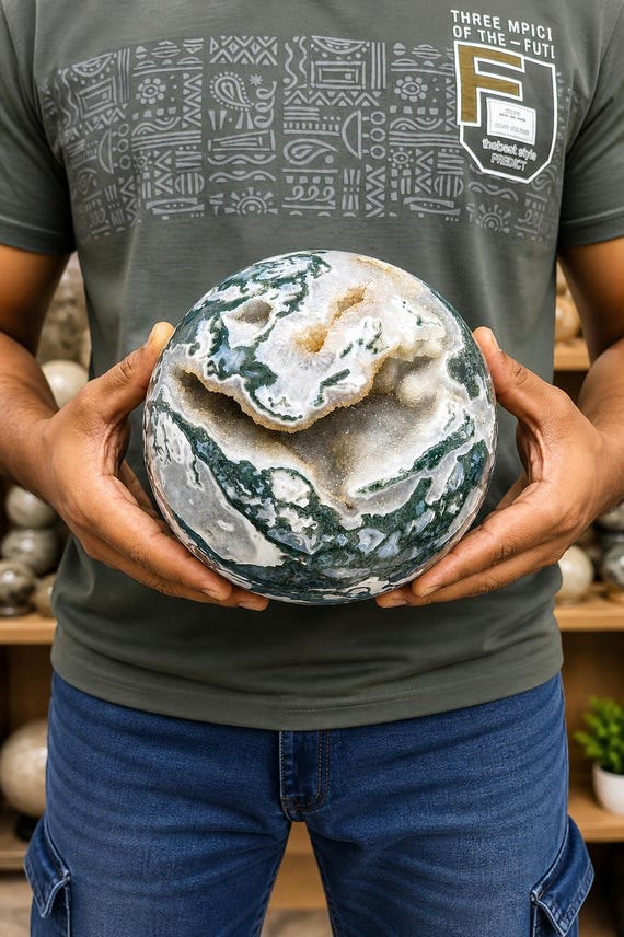 Moss Agate Druzy Sphere, Large Natural Crystal Ball, Home Decor, 185mm (7.1kg)