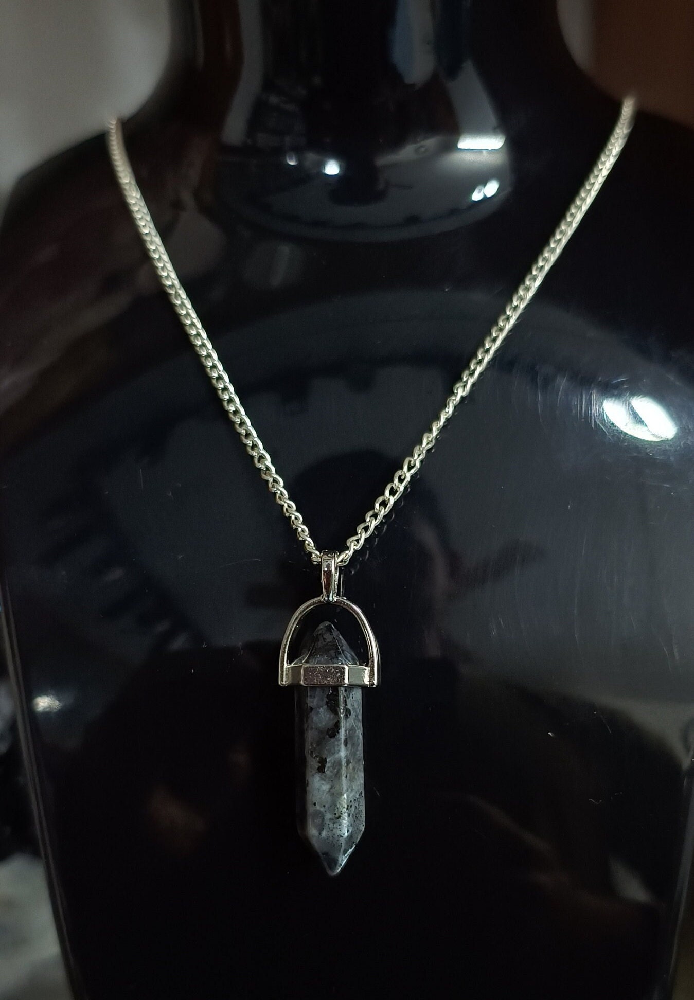 Natural Larvikite Point Pendant, Black Moonstone Necklace, 24
