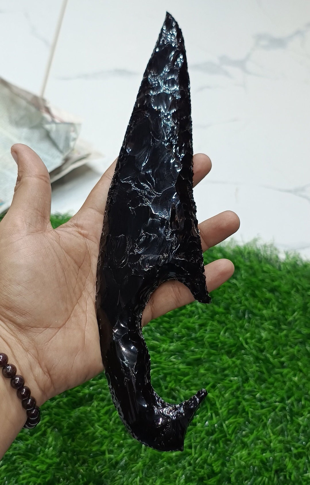 手作りの黒曜石ナイフ、刃渡り11インチ、黒曜石の槍先、原始的な石器