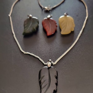 Carved Gemstone Leaf Pendant Necklace: Red Jasper, Tourmaline, Jade, Aventurine