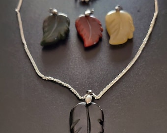 Carved Gemstone Leaf Pendant Necklace, Natural Jade, Jasper, Aventurine
