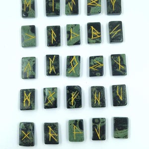 Kambaba Jasper Rune Set – 25 Piece Elder Futhark Engraved Rune Stones, Crystal Divination Kit, Meditation Gift, Spiritual Decor