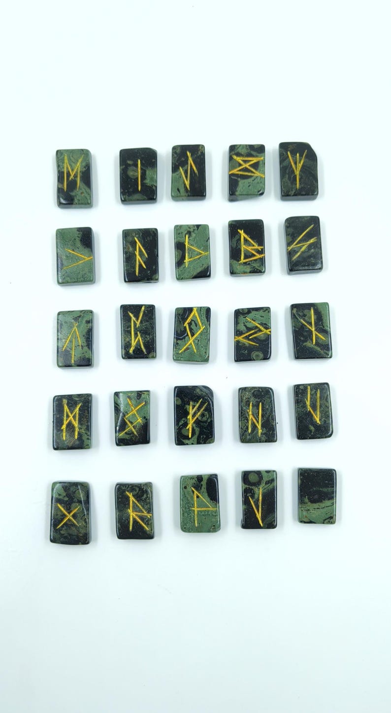 Kambaba Jasper Rune Set – 25 Piece Elder Futhark Engraved Rune Stones, Crystal Divination Kit, Meditation Gift, Spiritual Decor