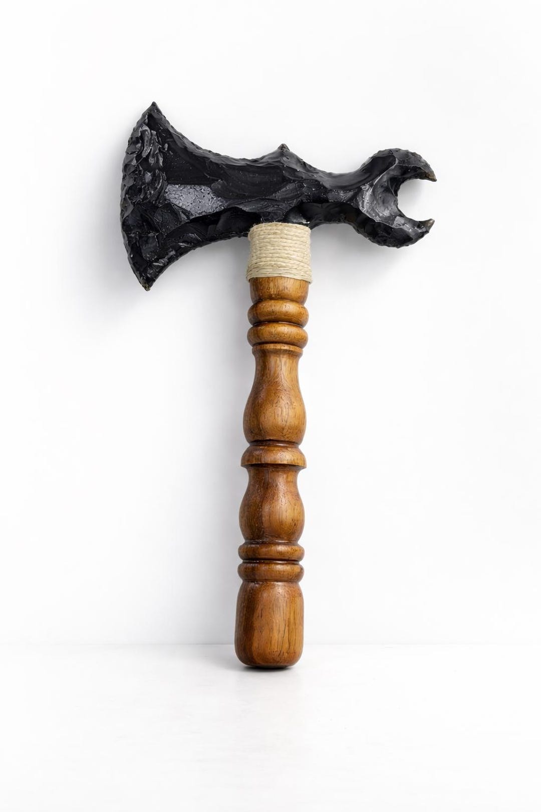 Black Obsidian Ritual Axe | Hand Knapped Stone Axe With Wooden