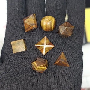 Tiger Eye High Quality Natural Platonic solids set 7 Pieces, With Premium Box, Yellow Tiger Eye Geometry Set With Box.
