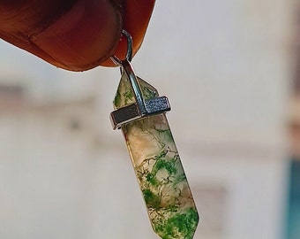 Sterling Silver Moss Agate Point Necklace - Healing Crystal Pendant, 24&quot;