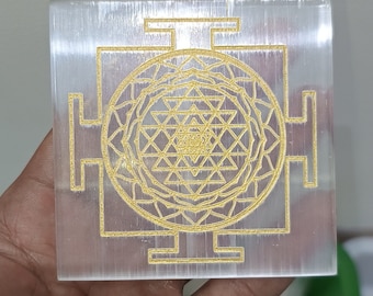Shri Yantra Selenite Plate, Sacred Geometry Crystal Grid