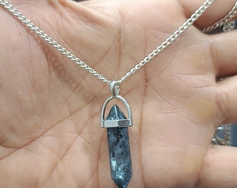 Larvikite Crystal Point Pendant: Carved Stone Necklace, 24&quot; Chain